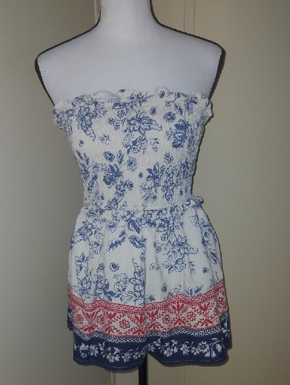 Jessica Simpson Cream Strapless Floral Romper with Blue and Red Border